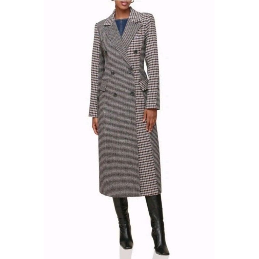 House of Harlow Houndstooth Plaid Colorblock Double-Breasted Long Trench Coat L
